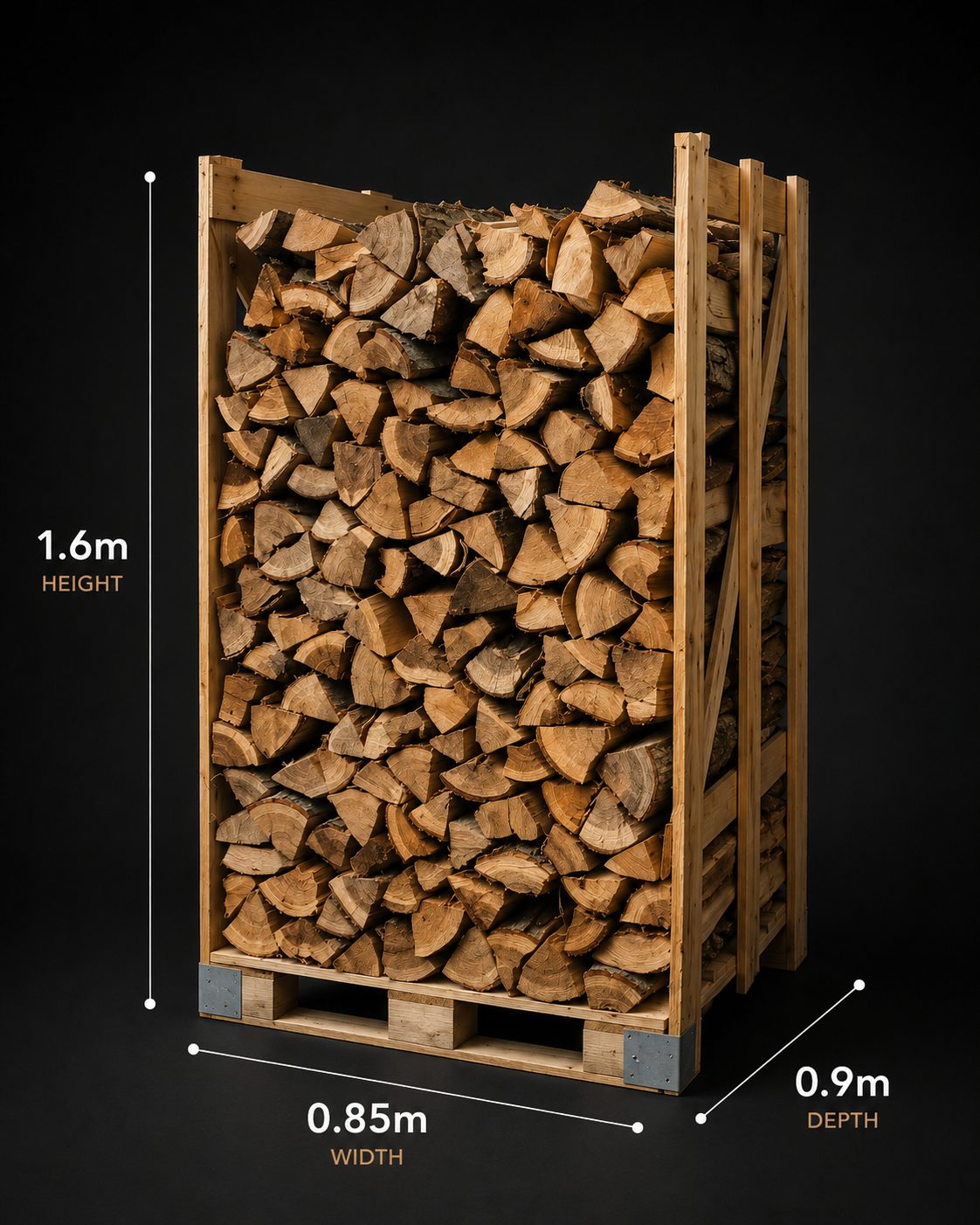 The Firewood Stack showing dimensions: 1.6m height, 0.85m width, 0.9m depth