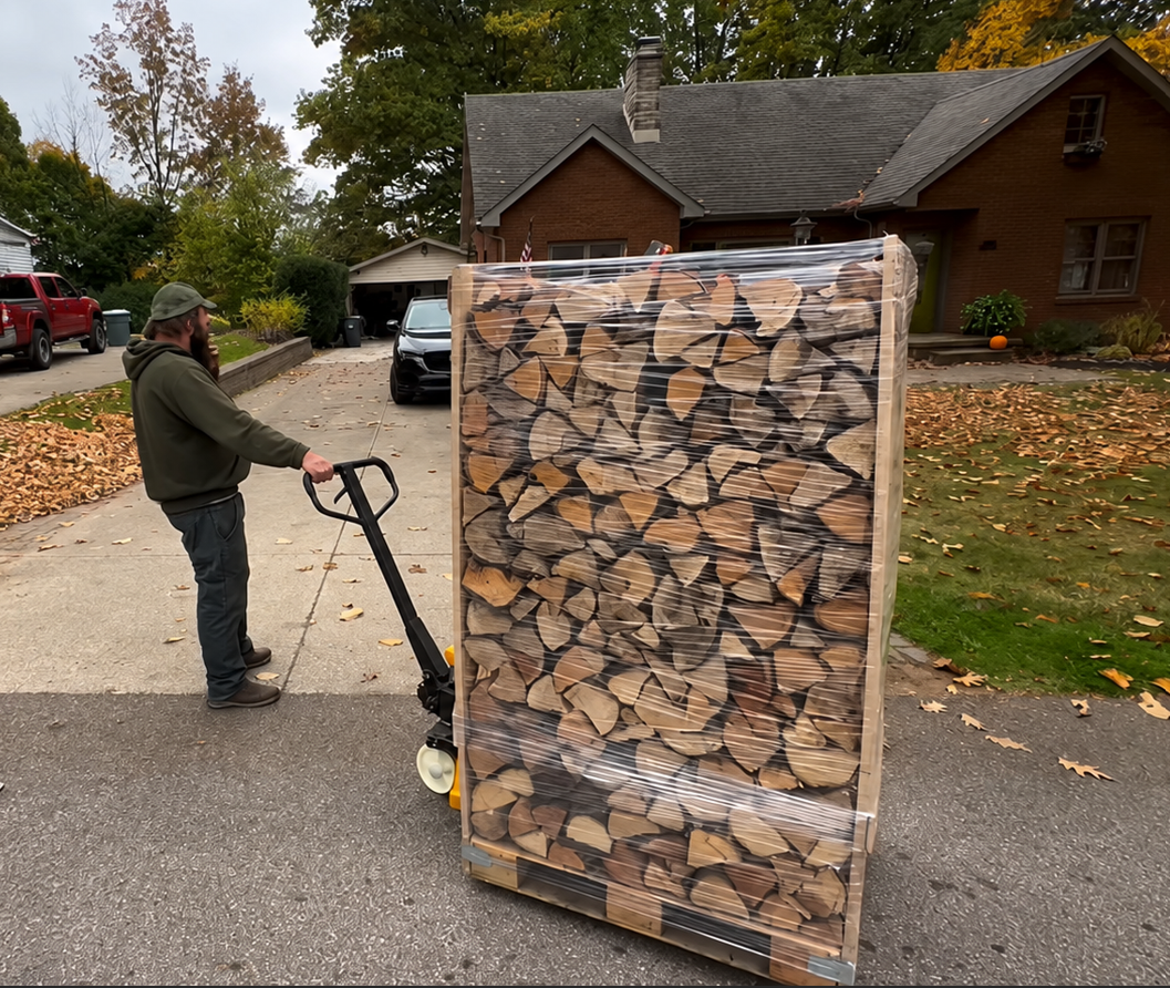 Pallet of stacked firewood being wheeled up a driveway with a hand truck