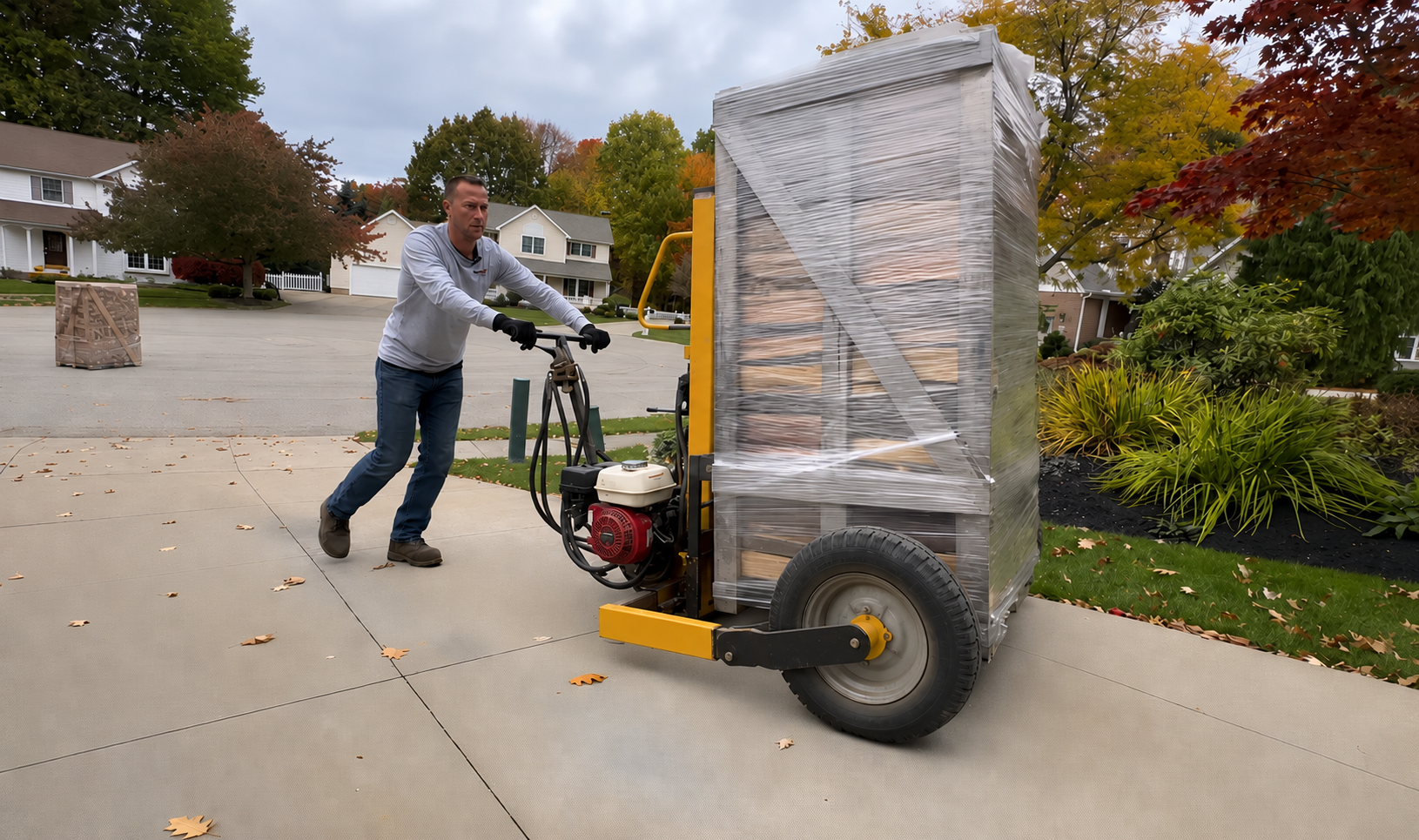 Pallet of stacked firewood being wheeled up a driveway with a powered pallet mover