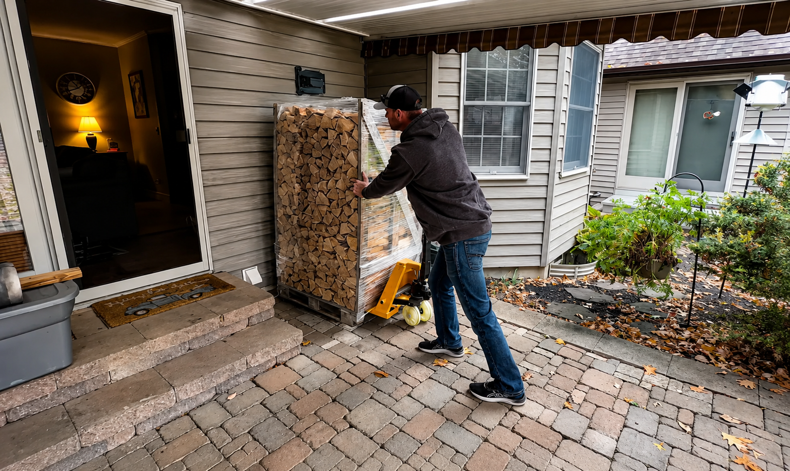 Delivery driver positioning a wrapped pallet of firewood beside a house